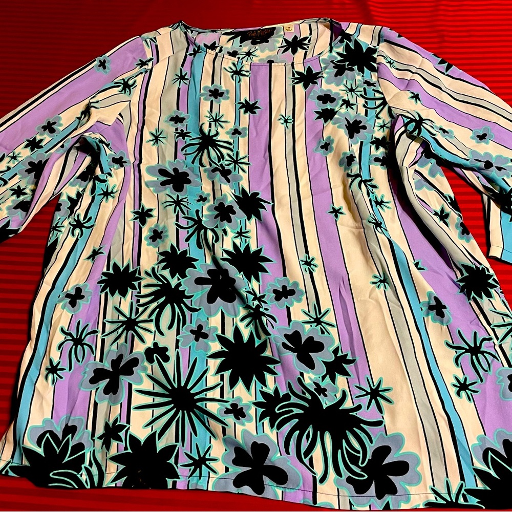 Pre-Owned Lavender Bob Mackie Wearable Art Floral & Striped Scoop Neck Tunic Top
